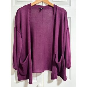 Eileen Fisher Organic Linen Cotton Knit Open Front Cardigan Plum Purple Medium